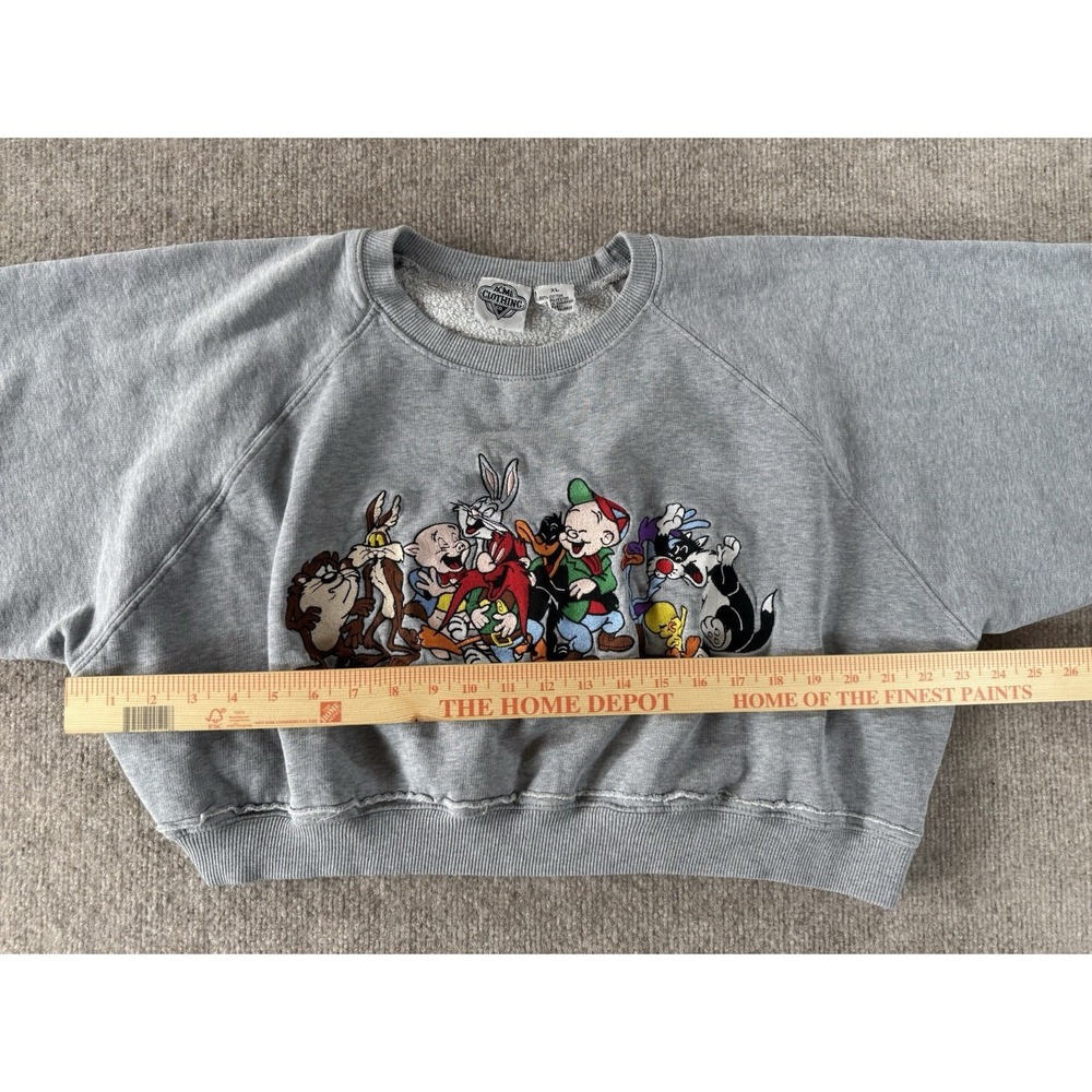 Vintage Looney Tunes Crewneck Sweatshirt XL‎ Crop Embroidered 90s Gray - Picture 8 of 10